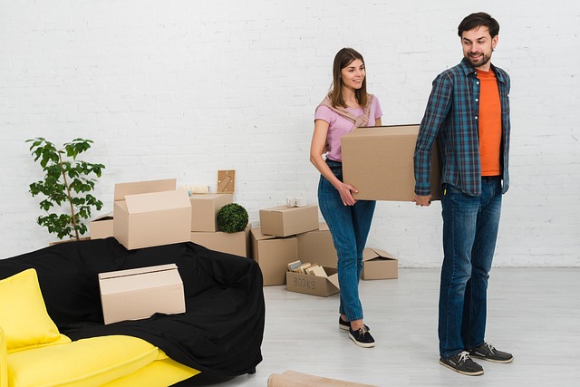 2 people carrying a box 